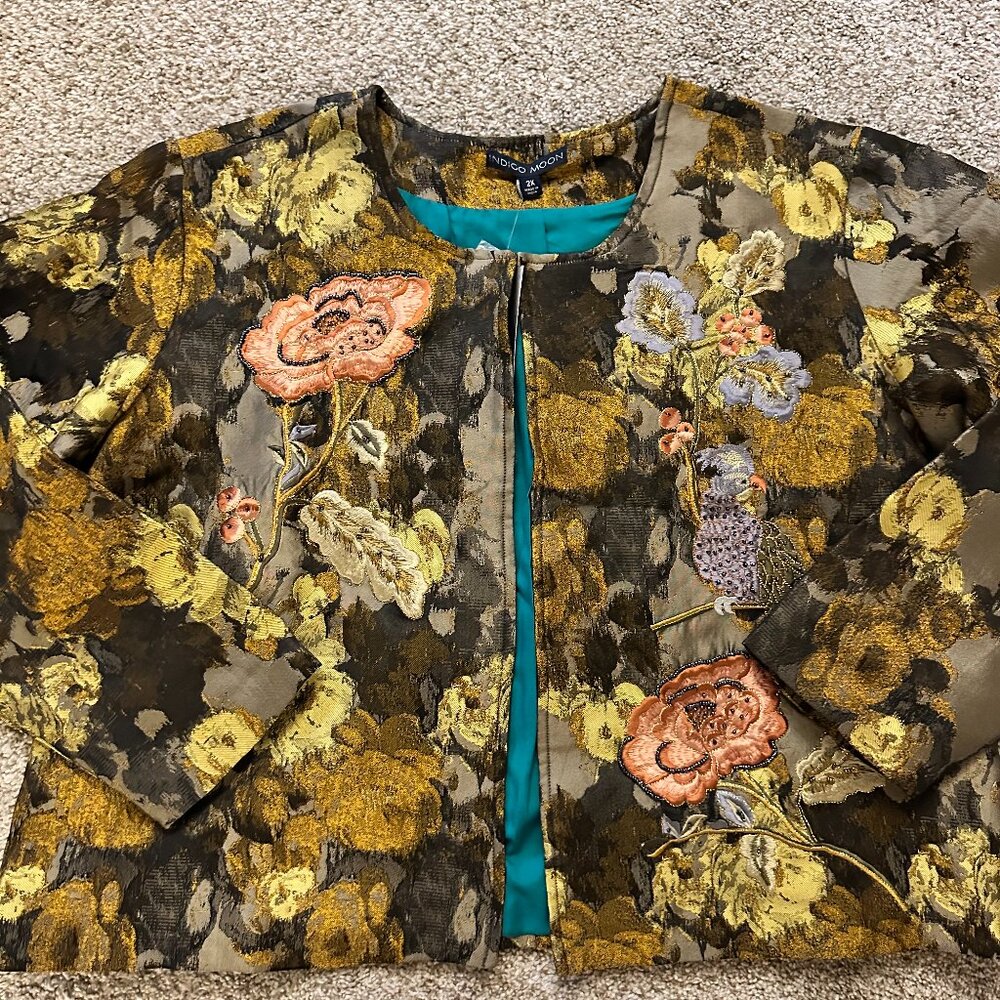 Vintage QVC INDIGO MOON Floral EMBROIDERED BEADED Toggle Jacket 2x NWT new!